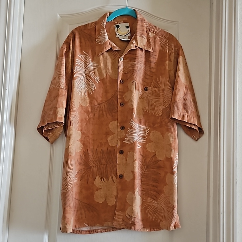 Vintage Banana Cabana Silk Shirt Button Up Hawaiian Tan Beige Large